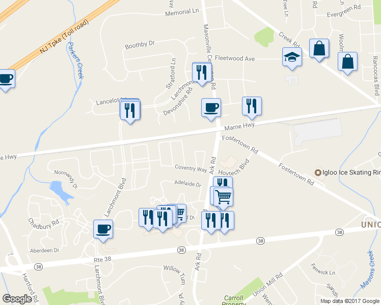 map of restaurants, bars, coffee shops, grocery stores, and more near 3203 Gramercy Lane in Mount Laurel