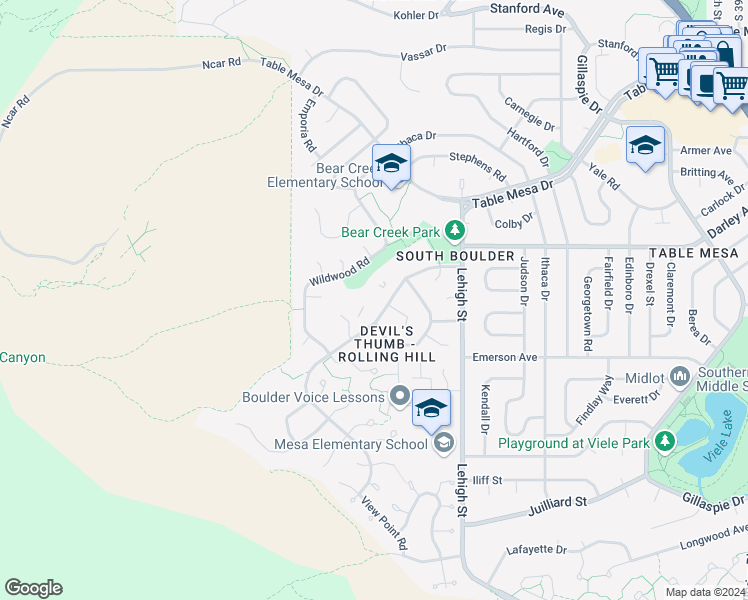 map of restaurants, bars, coffee shops, grocery stores, and more near 1385 Bear Mountain Drive in Boulder