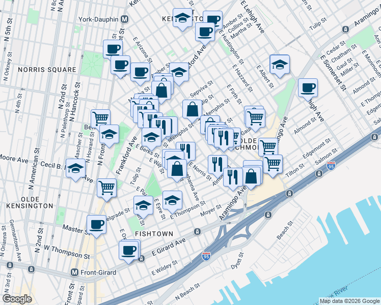 map of restaurants, bars, coffee shops, grocery stores, and more near 2437 East Dauphin Street in Philadelphia