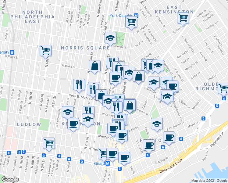 map of restaurants, bars, coffee shops, grocery stores, and more near 1739 North Howard Street in Philadelphia