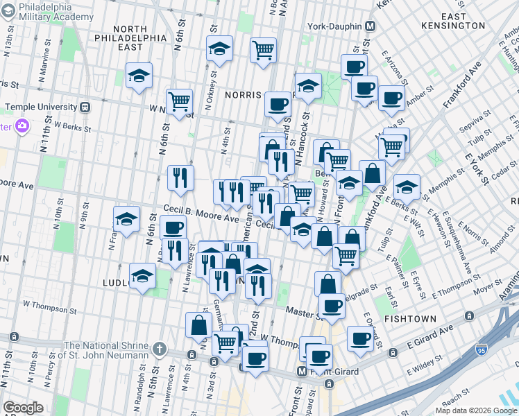 map of restaurants, bars, coffee shops, grocery stores, and more near 1702 North American Street in Philadelphia