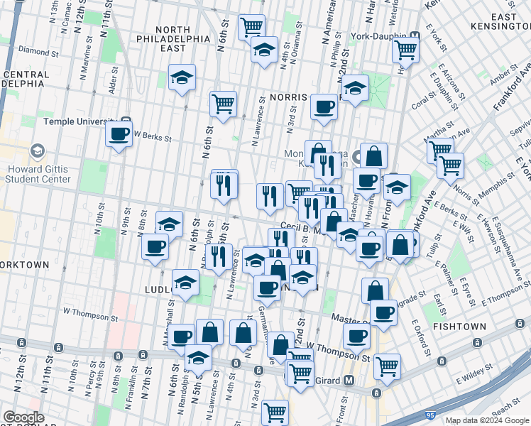 map of restaurants, bars, coffee shops, grocery stores, and more near 1702 North 3rd Street in Philadelphia
