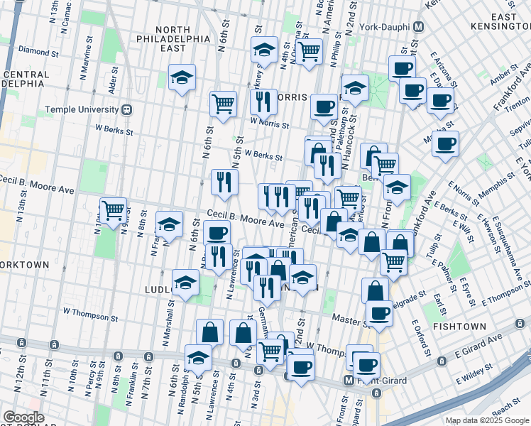 map of restaurants, bars, coffee shops, grocery stores, and more near 1702 North 3rd Street in Philadelphia