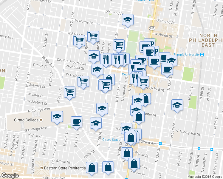 map of restaurants, bars, coffee shops, grocery stores, and more near 1501 Willington Street in Philadelphia