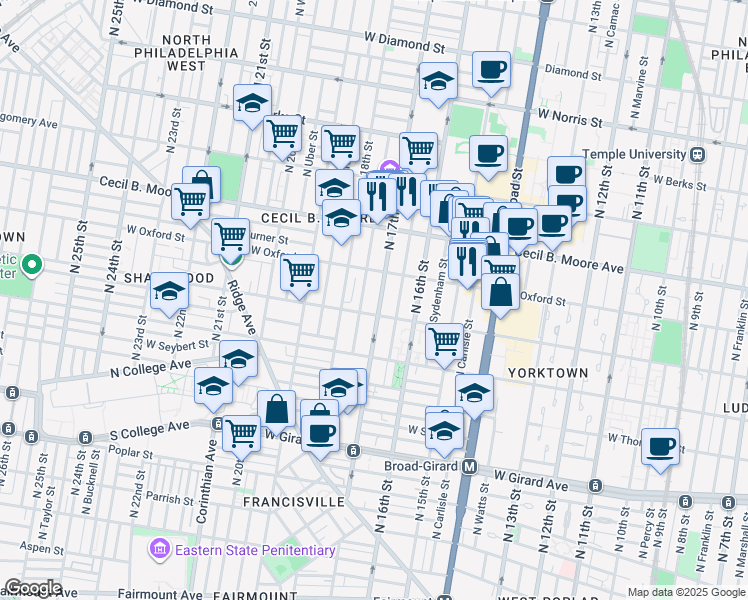 map of restaurants, bars, coffee shops, grocery stores, and more near 1684 West Jefferson Street in Philadelphia