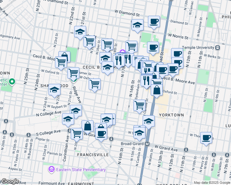map of restaurants, bars, coffee shops, grocery stores, and more near 1684 West Jefferson Street in Philadelphia