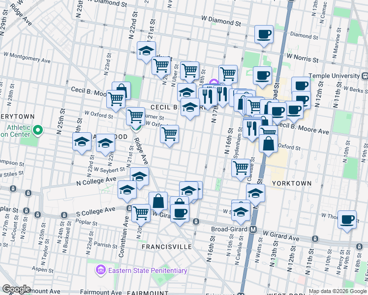 map of restaurants, bars, coffee shops, grocery stores, and more near 1422 North 18th Street in Philadelphia