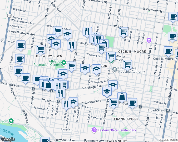 map of restaurants, bars, coffee shops, grocery stores, and more near 2307 Master Street in Philadelphia