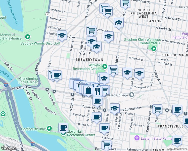 map of restaurants, bars, coffee shops, grocery stores, and more near 1322 North 27th Street in Philadelphia