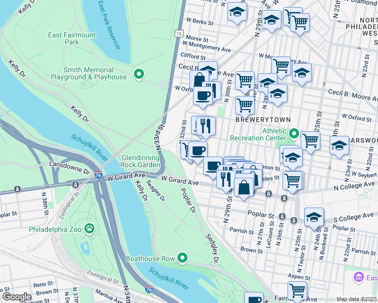 map of restaurants, bars, coffee shops, grocery stores, and more near 6 Brewerytown Court in Philadelphia