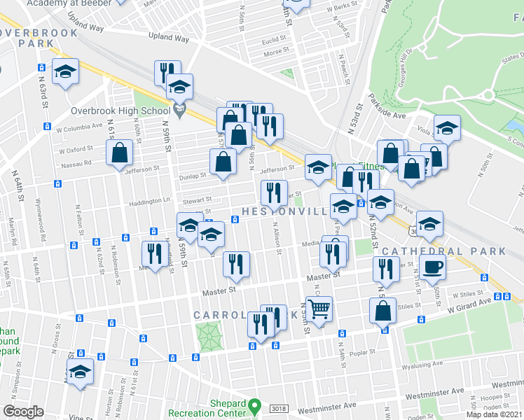 map of restaurants, bars, coffee shops, grocery stores, and more near in Philadelphia