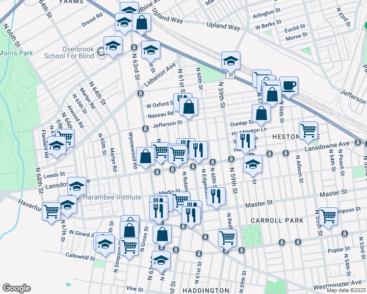 map of restaurants, bars, coffee shops, grocery stores, and more near 1659 North Robinson Street in Philadelphia