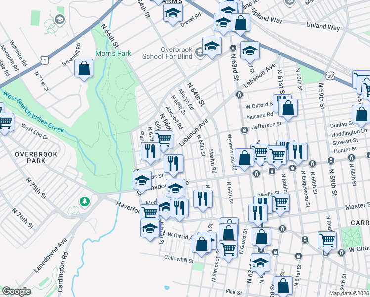 map of restaurants, bars, coffee shops, grocery stores, and more near 909 Atwood Road in Philadelphia