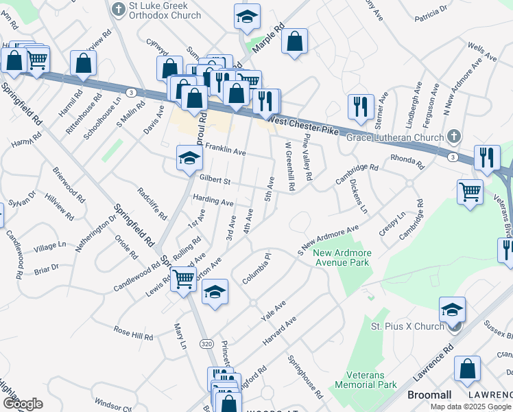 map of restaurants, bars, coffee shops, grocery stores, and more near 126 4th Avenue in Broomall