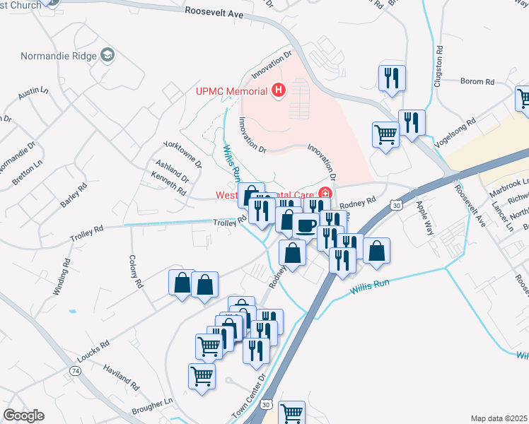 map of restaurants, bars, coffee shops, grocery stores, and more near 1590 Kenneth Road in Shiloh