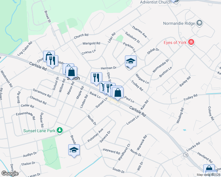 map of restaurants, bars, coffee shops, grocery stores, and more near 2013 Carlisle Road in Shiloh