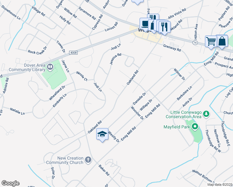 map of restaurants, bars, coffee shops, grocery stores, and more near 2743 Oakland Road in Dover