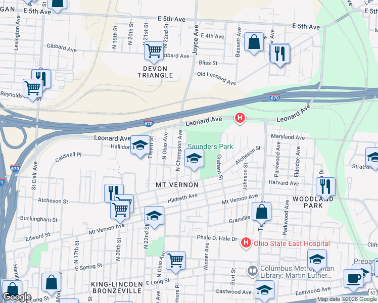 map of restaurants, bars, coffee shops, grocery stores, and more near 500 North Champion Avenue in Columbus