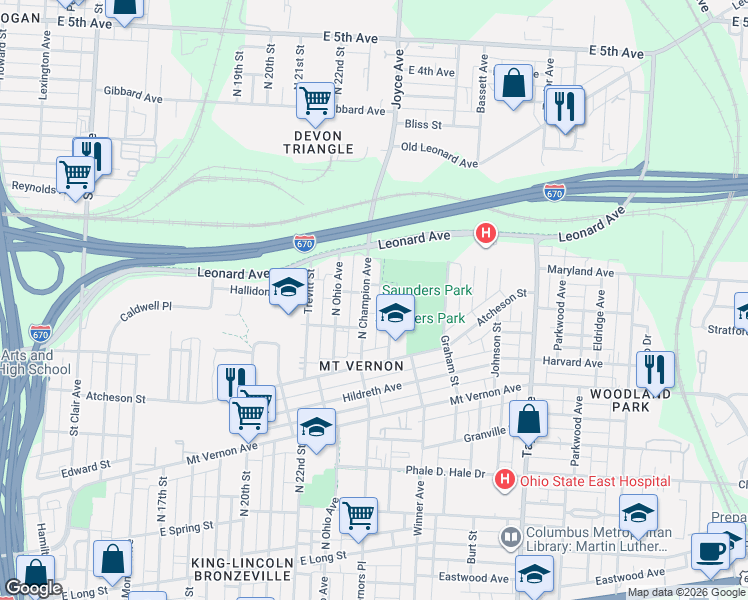 map of restaurants, bars, coffee shops, grocery stores, and more near 500 North Champion Avenue in Columbus