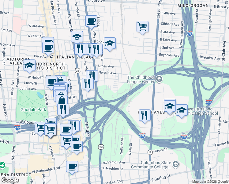 map of restaurants, bars, coffee shops, grocery stores, and more near Interstate 670 in Columbus