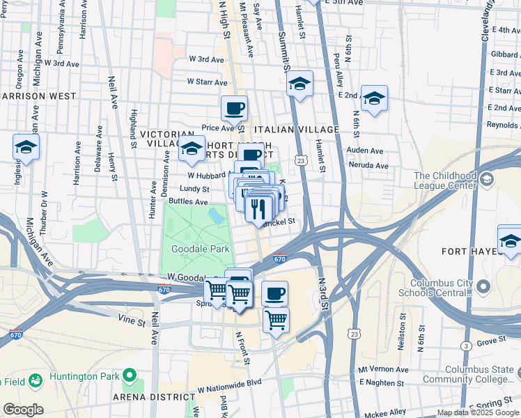 map of restaurants, bars, coffee shops, grocery stores, and more near 684 North Pearl Street in Columbus