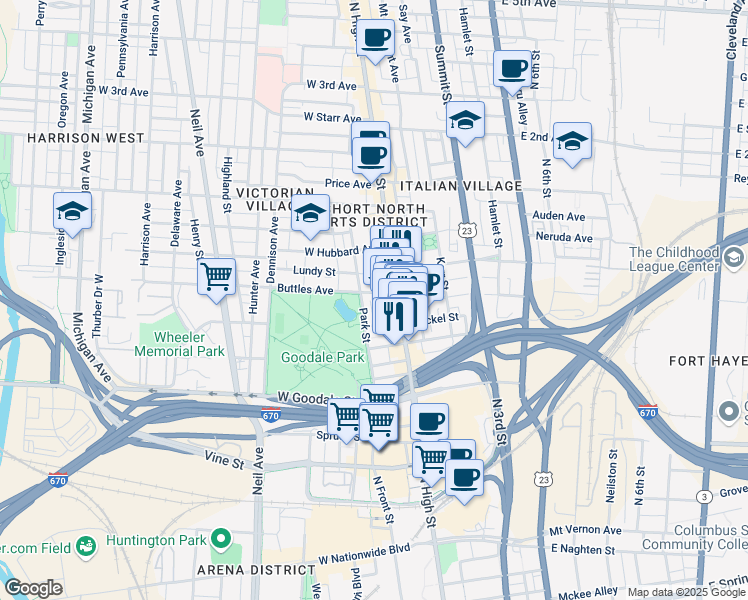 map of restaurants, bars, coffee shops, grocery stores, and more near in Columbus