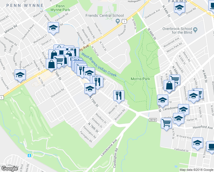 map of restaurants, bars, coffee shops, grocery stores, and more near 7319 Woodcrest Avenue in Philadelphia