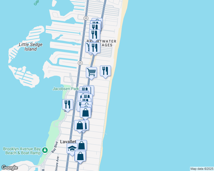 map of restaurants, bars, coffee shops, grocery stores, and more near 4 White Avenue in Lavallette
