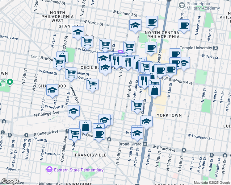 map of restaurants, bars, coffee shops, grocery stores, and more near 1514 North 17th Street in Philadelphia