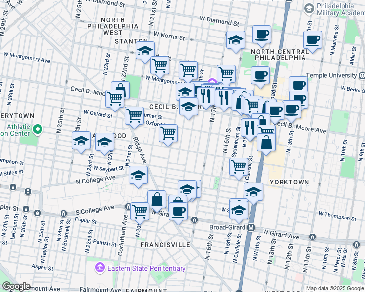 map of restaurants, bars, coffee shops, grocery stores, and more near 1507 North Gratz Street in Philadelphia