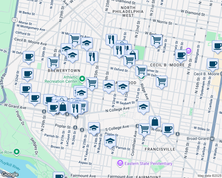 map of restaurants, bars, coffee shops, grocery stores, and more near 2318 Sharswood Street in Philadelphia