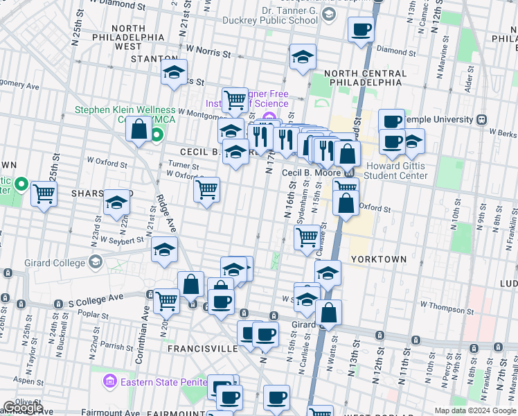 map of restaurants, bars, coffee shops, grocery stores, and more near 1514 North 17th Street in Philadelphia