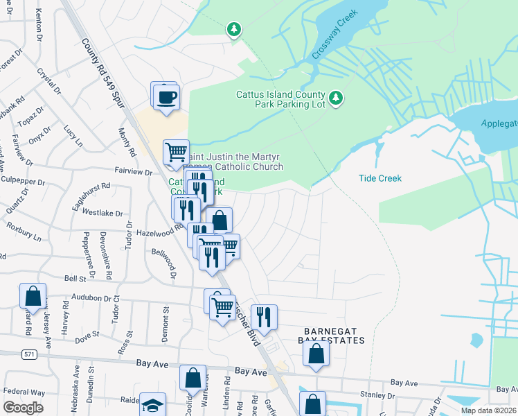 map of restaurants, bars, coffee shops, grocery stores, and more near 956 Hazelwood Road in Toms River