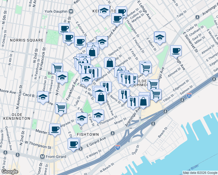 map of restaurants, bars, coffee shops, grocery stores, and more near 2437 East Dauphin Street in Philadelphia