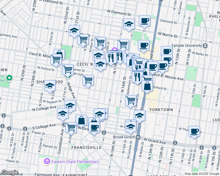 map of restaurants, bars, coffee shops, grocery stores, and more near 1684 West Jefferson Street in Philadelphia