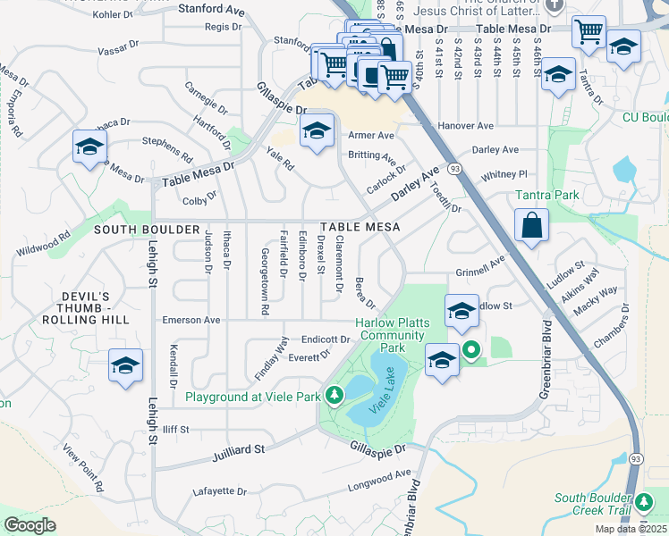 map of restaurants, bars, coffee shops, grocery stores, and more near 1245 Claremont Drive in Boulder