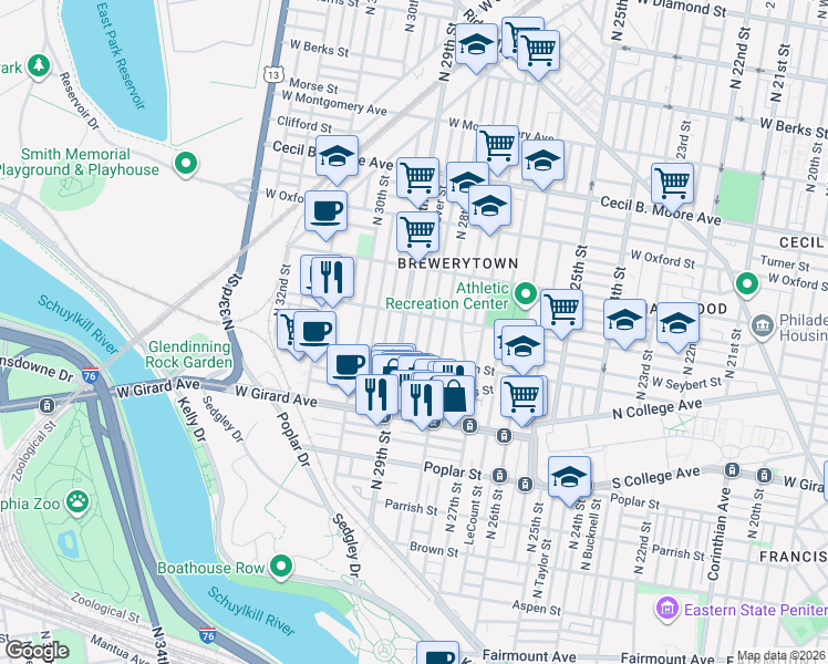 map of restaurants, bars, coffee shops, grocery stores, and more near 1307 North 29th Street in Philadelphia