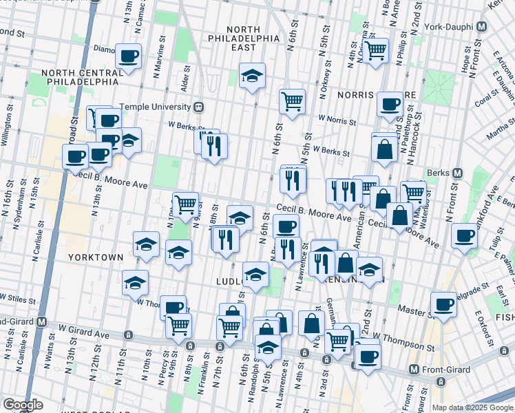 map of restaurants, bars, coffee shops, grocery stores, and more near 1657 North Marshall Street in Philadelphia