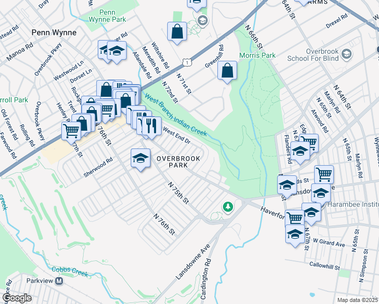 map of restaurants, bars, coffee shops, grocery stores, and more near 7319 Woodcrest Avenue in Philadelphia