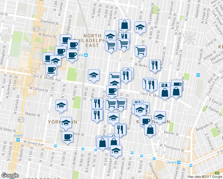 map of restaurants, bars, coffee shops, grocery stores, and more near 1657 North Marshall Street in Philadelphia