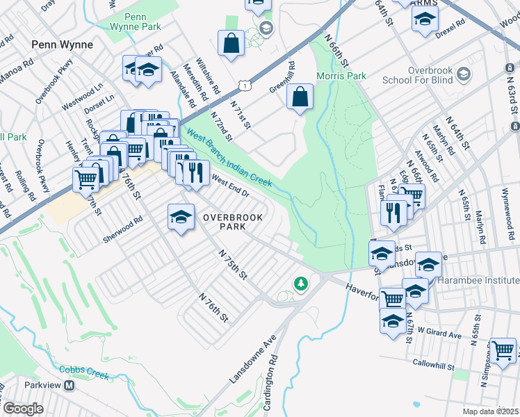 map of restaurants, bars, coffee shops, grocery stores, and more near 7304 Woodcrest Avenue in Philadelphia
