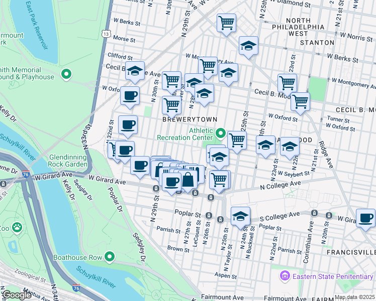 map of restaurants, bars, coffee shops, grocery stores, and more near 1344 North Marston Street in Philadelphia