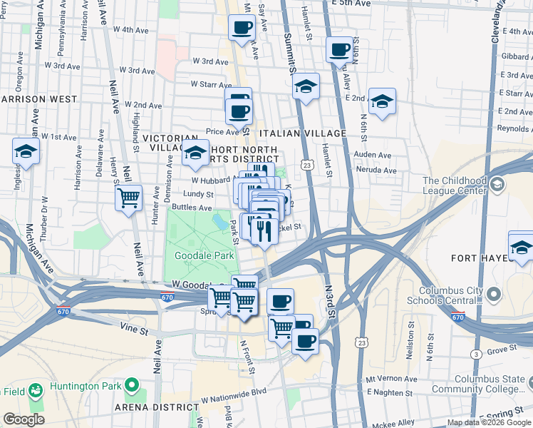 map of restaurants, bars, coffee shops, grocery stores, and more near 684 North Pearl Street in Columbus