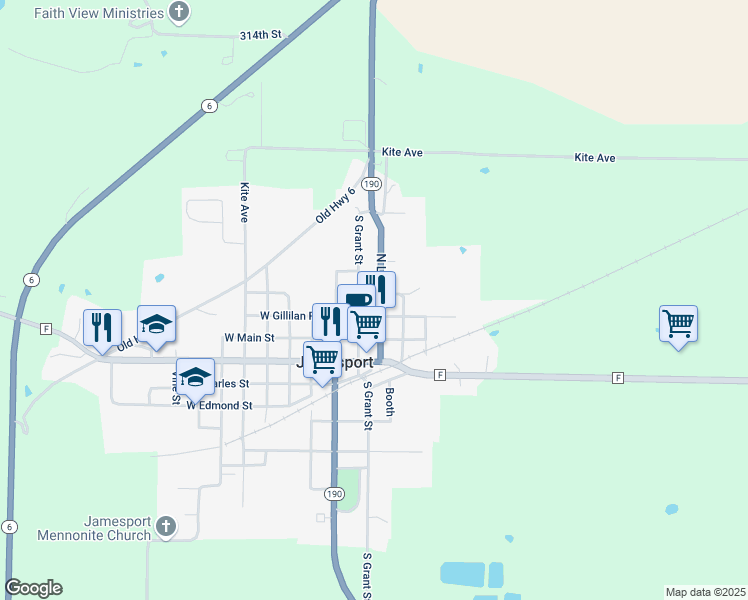 map of restaurants, bars, coffee shops, grocery stores, and more near 209 East Gillilan Road in Jamesport