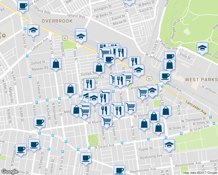 map of restaurants, bars, coffee shops, grocery stores, and more near 5618 Hunter Street in Philadelphia