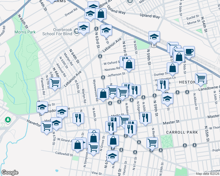 map of restaurants, bars, coffee shops, grocery stores, and more near 1651 North Felton Street in Philadelphia