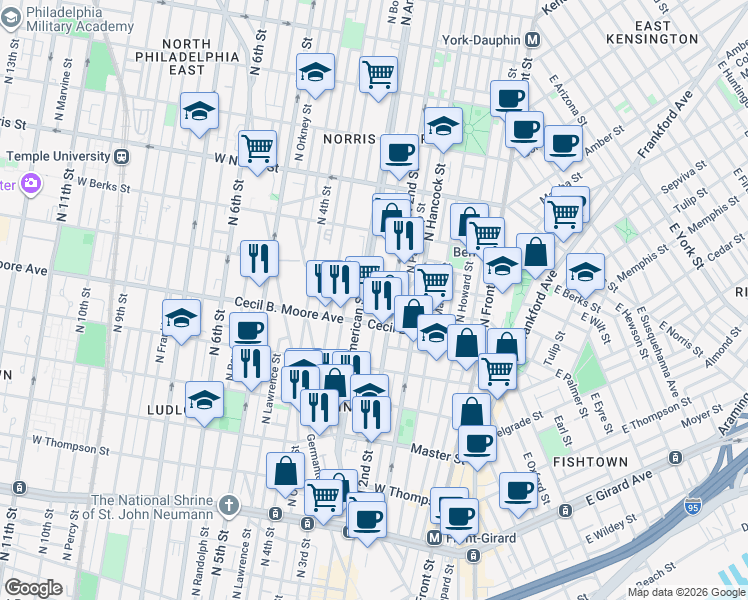 map of restaurants, bars, coffee shops, grocery stores, and more near 1702 North American Street in Philadelphia
