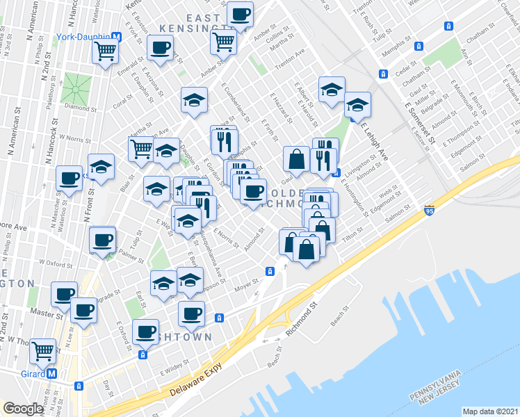 map of restaurants, bars, coffee shops, grocery stores, and more near 2519 East York Street in Philadelphia