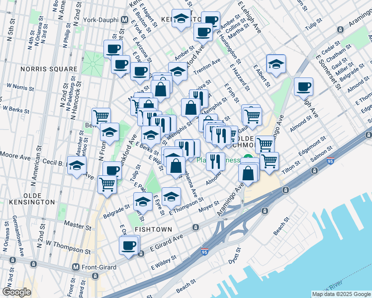 map of restaurants, bars, coffee shops, grocery stores, and more near 2217 Cedar Street in Philadelphia