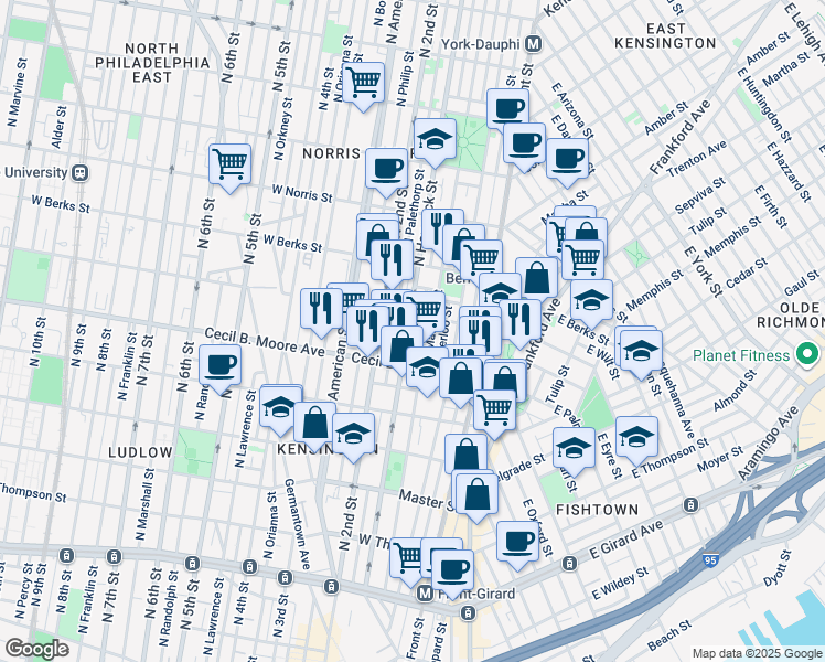 map of restaurants, bars, coffee shops, grocery stores, and more near 1735 North Hancock Street in Philadelphia